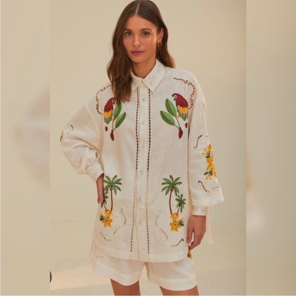 FARM Rio Tops - Farm Rio Tropical Destination Embroidered Beaded Linen Shirt